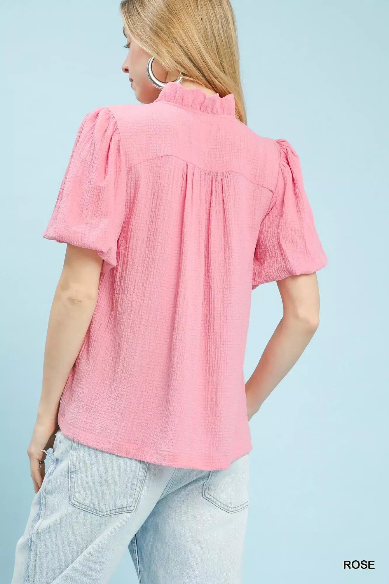 Umgee Seersucker Puff Sleeve Blouse - Trendsi - Flyclothing LLC