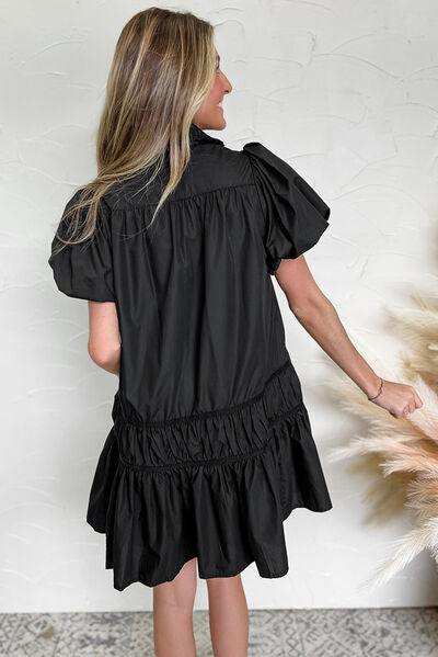 Button Down Puff Sleeve Ruffle Hem Dress - Trendsi - Flyclothing LLC