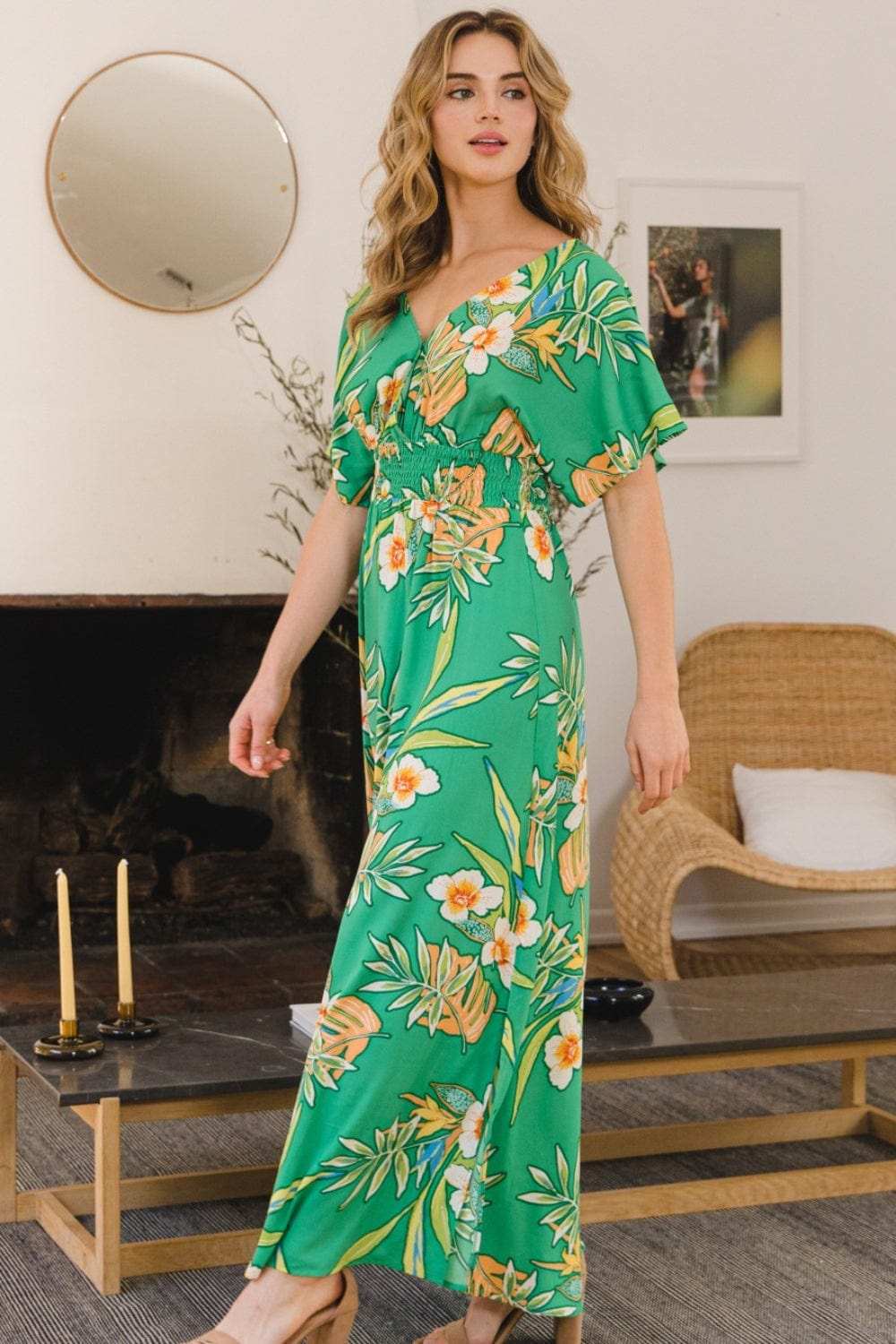 ODDI Full Size Floral Smocked Tied Back Maxi Dress - Trendsi - Flyclothing LLC