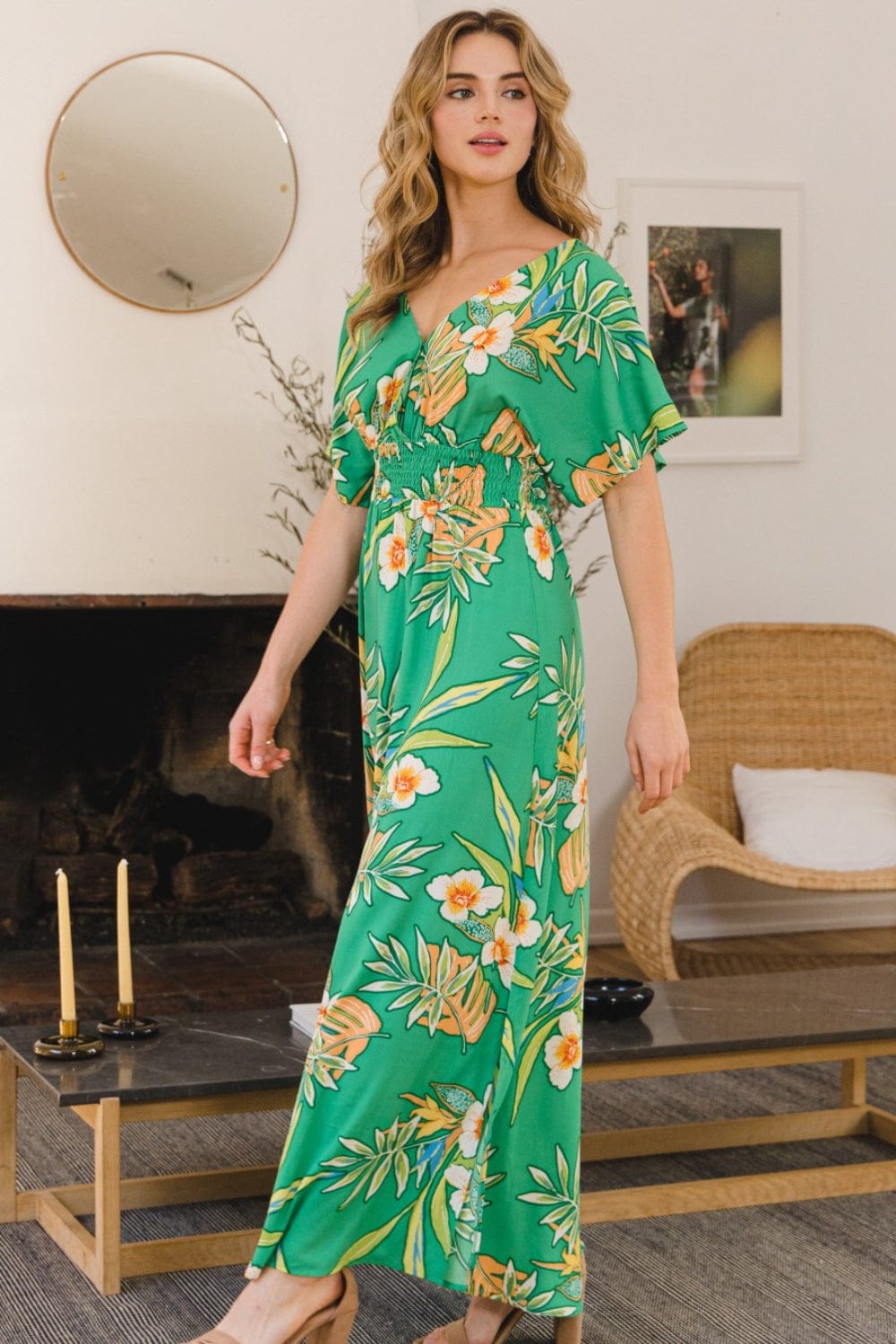 ODDI Full Size Floral Smocked Tied Back Maxi Dress - Trendsi