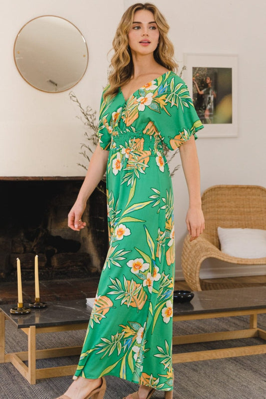 ODDI Full Size Floral Smocked Tied Back Maxi Dress - Trendsi