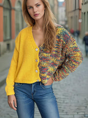Contrast Button Up V-Neck Cropped Cardigan - Trendsi