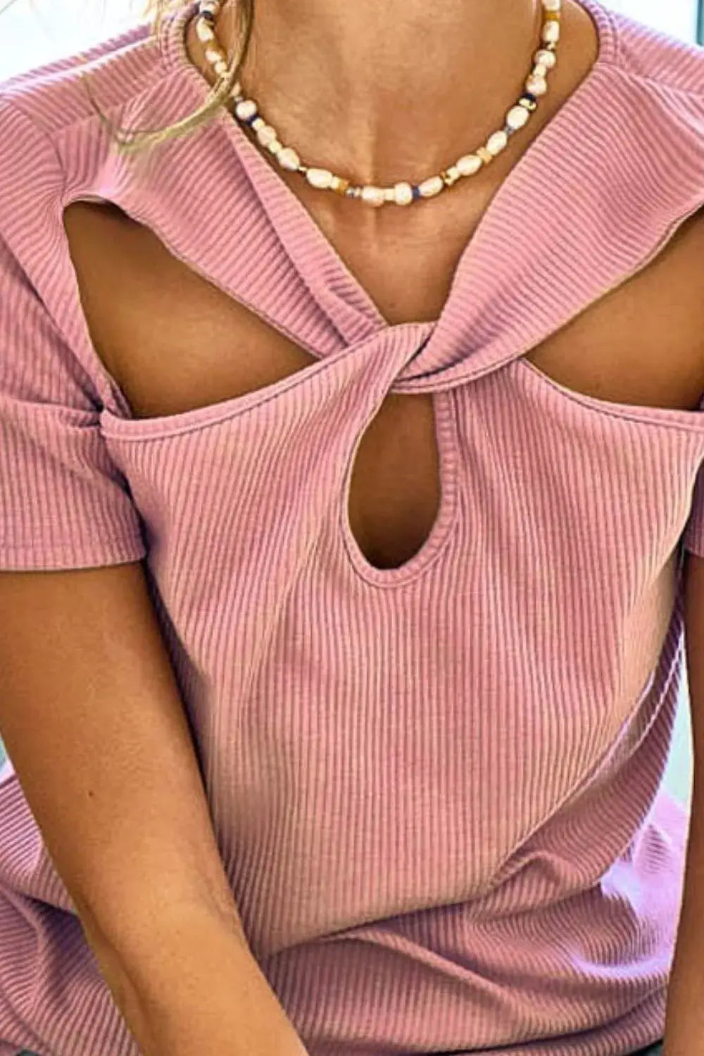 BiBi Rib Knit with Cut Out and Front Twist Detailed Top - Trendsi - Flyclothing LLC