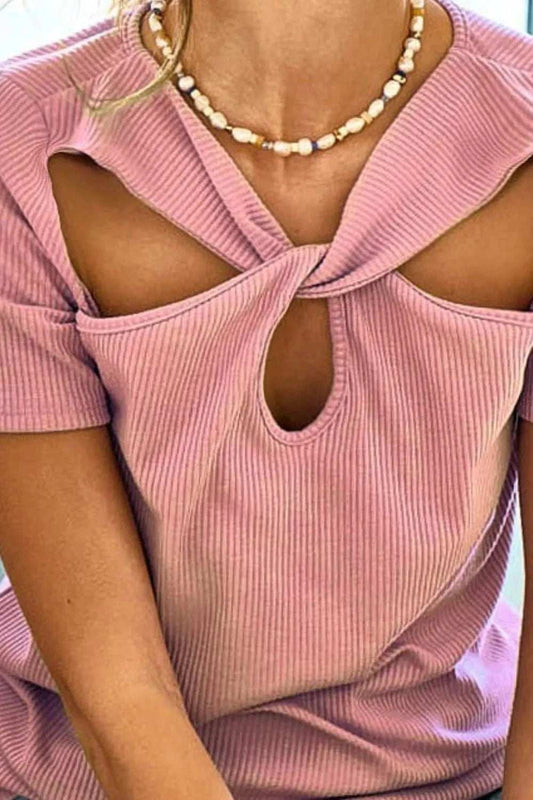 BiBi Rib Knit with Cut Out and Front Twist Detailed Top - Trendsi - Flyclothing LLC