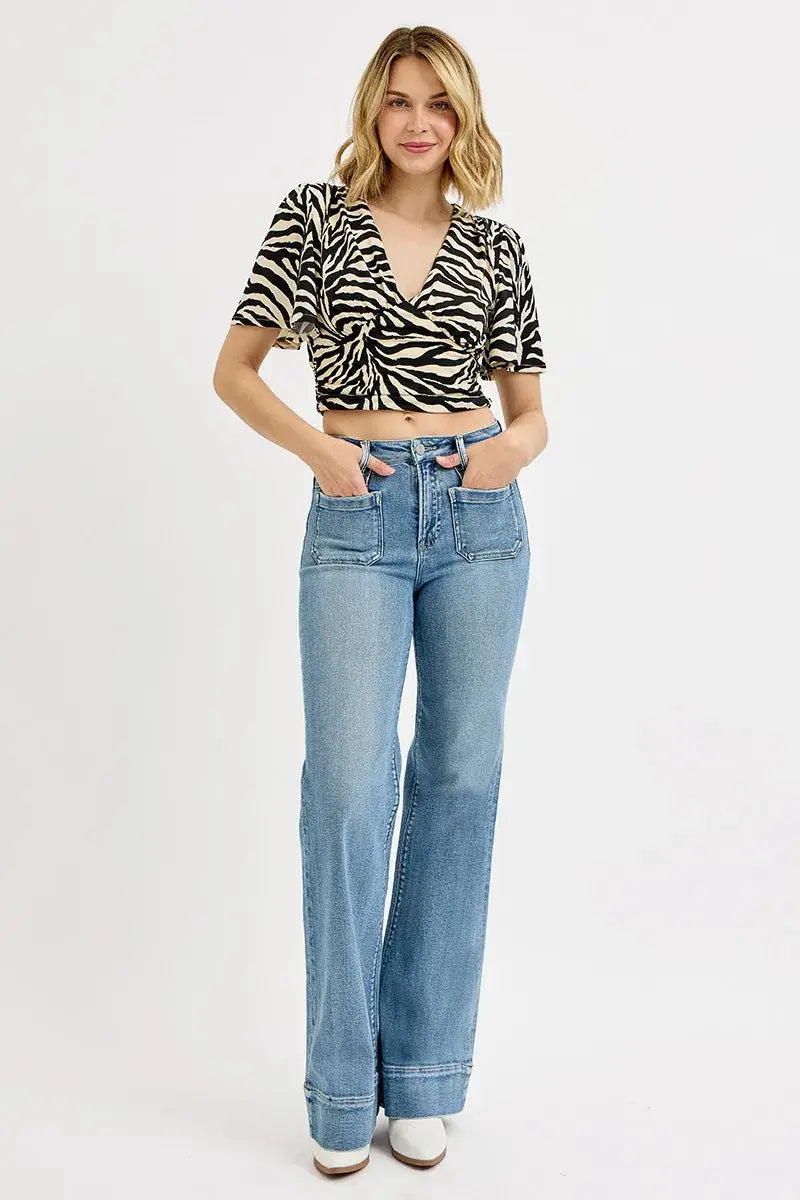 RISEN Full Size High Rise Wide Flare Patch Pocket Jeans Plus Size - Trendsi - Flyclothing LLC