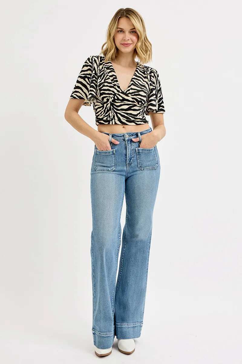 RISEN Full Size High Rise Wide Flare Patch Pocket Jeans Plus Size - Trendsi - Flyclothing LLC