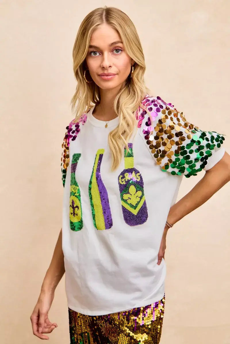 BiBi Sequin Mardi Gras Bottles Spangled Sleeve Top - Trendsi - Flyclothing LLC