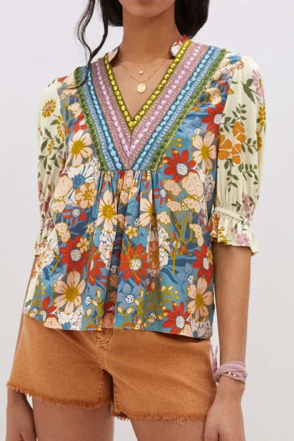 Multicolour Crochet V Neck Half Sleeve Boho Floral Blouse - Trendsi - Flyclothing LLC
