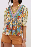 Multicolour Crochet V Neck Half Sleeve Boho Floral Blouse - Trendsi - Flyclothing LLC