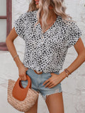 Printed V-Neck Short Sleeve Blouse - Trendsi
