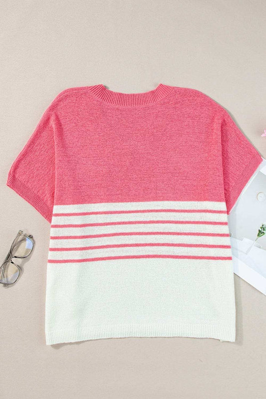 Striped V-Neck Short Sleeve Knit Top - Trendsi - Flyclothing LLC