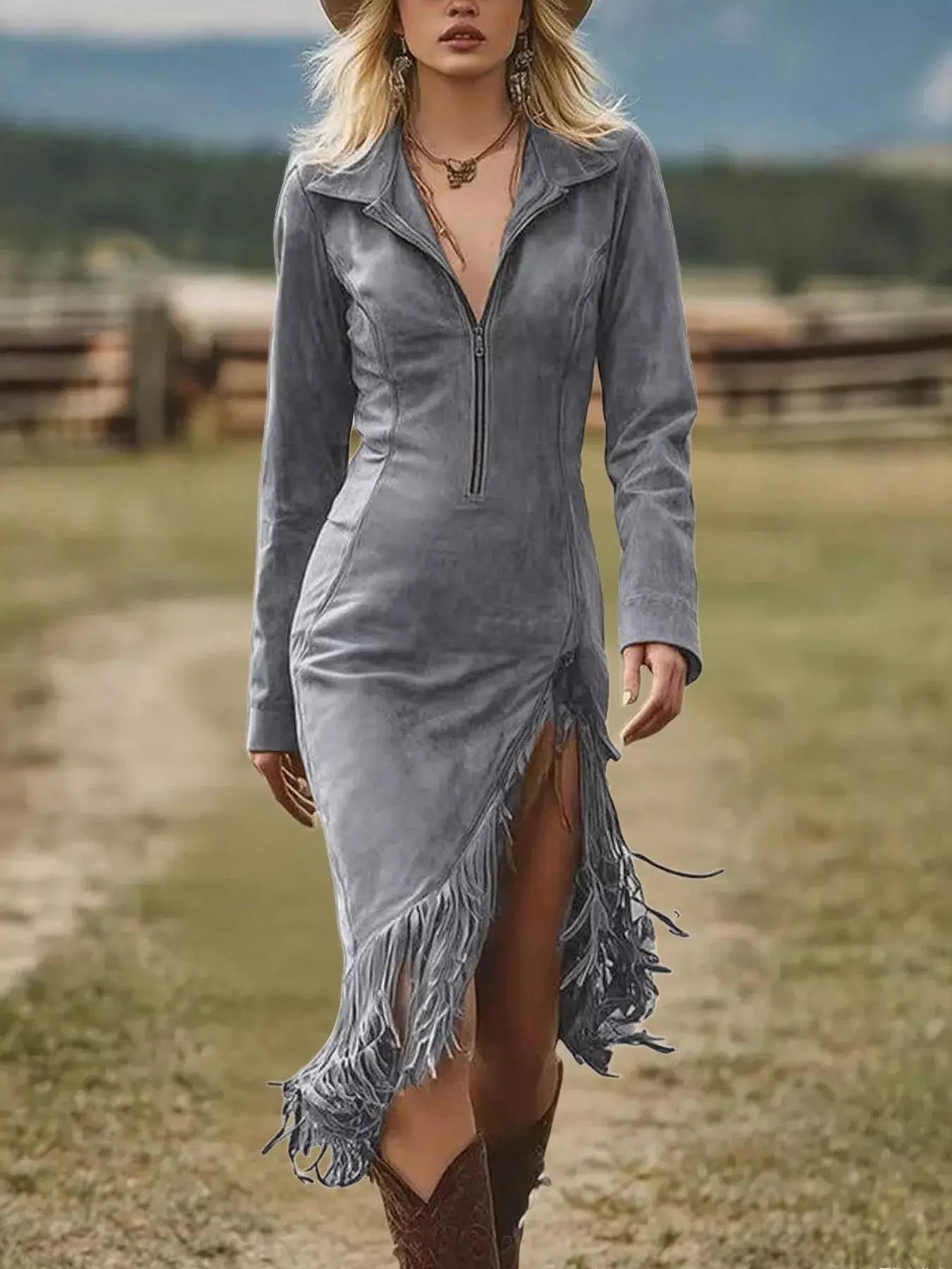 Full Size Fringe Hem Zip Front Bodycon Dress Plus Size - Trendsi - Flyclothing LLC