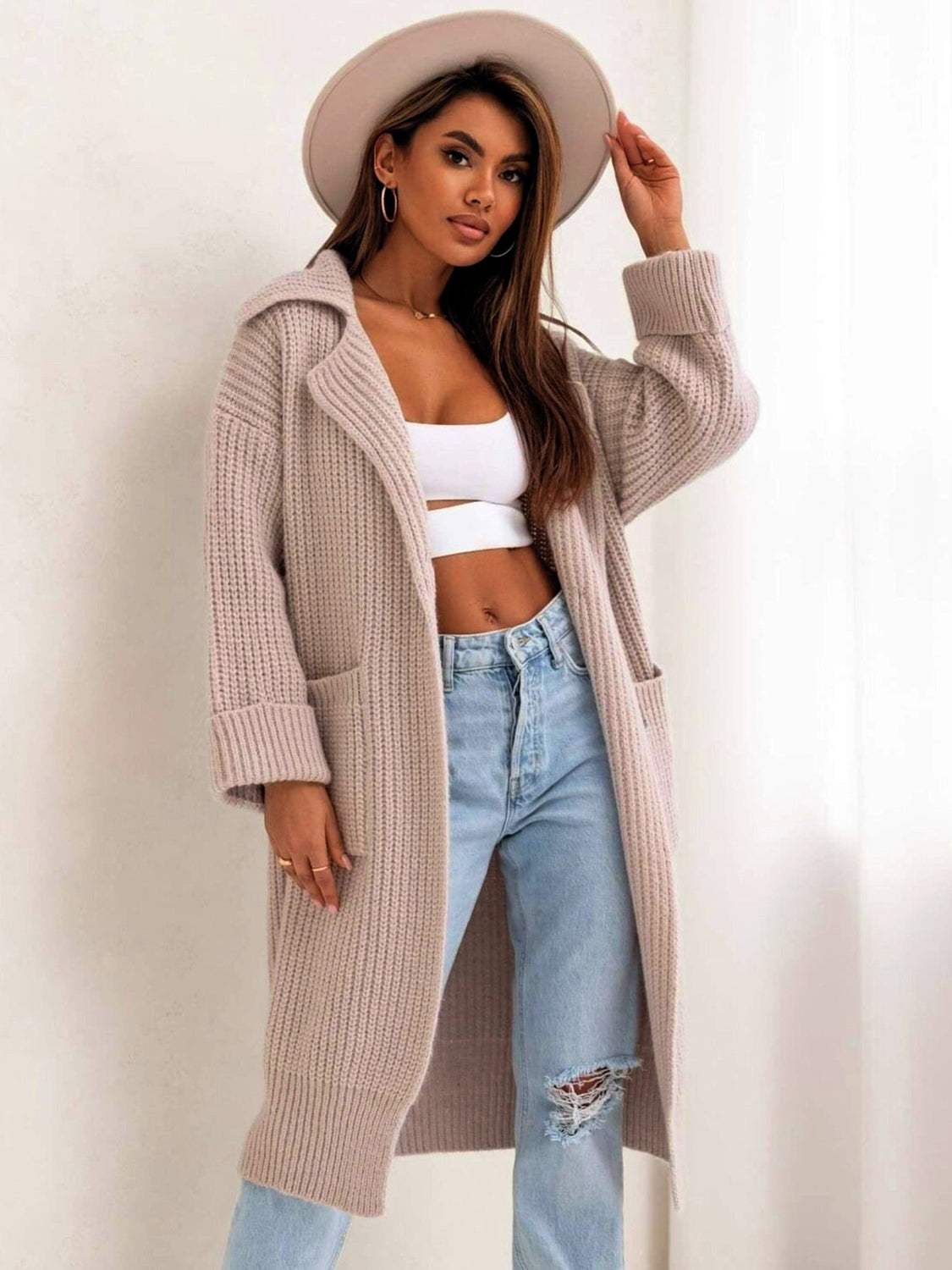 Pocketed Collared Neck Dropped Shoulder Cardigan - Trendsi - Flyclothing LLC