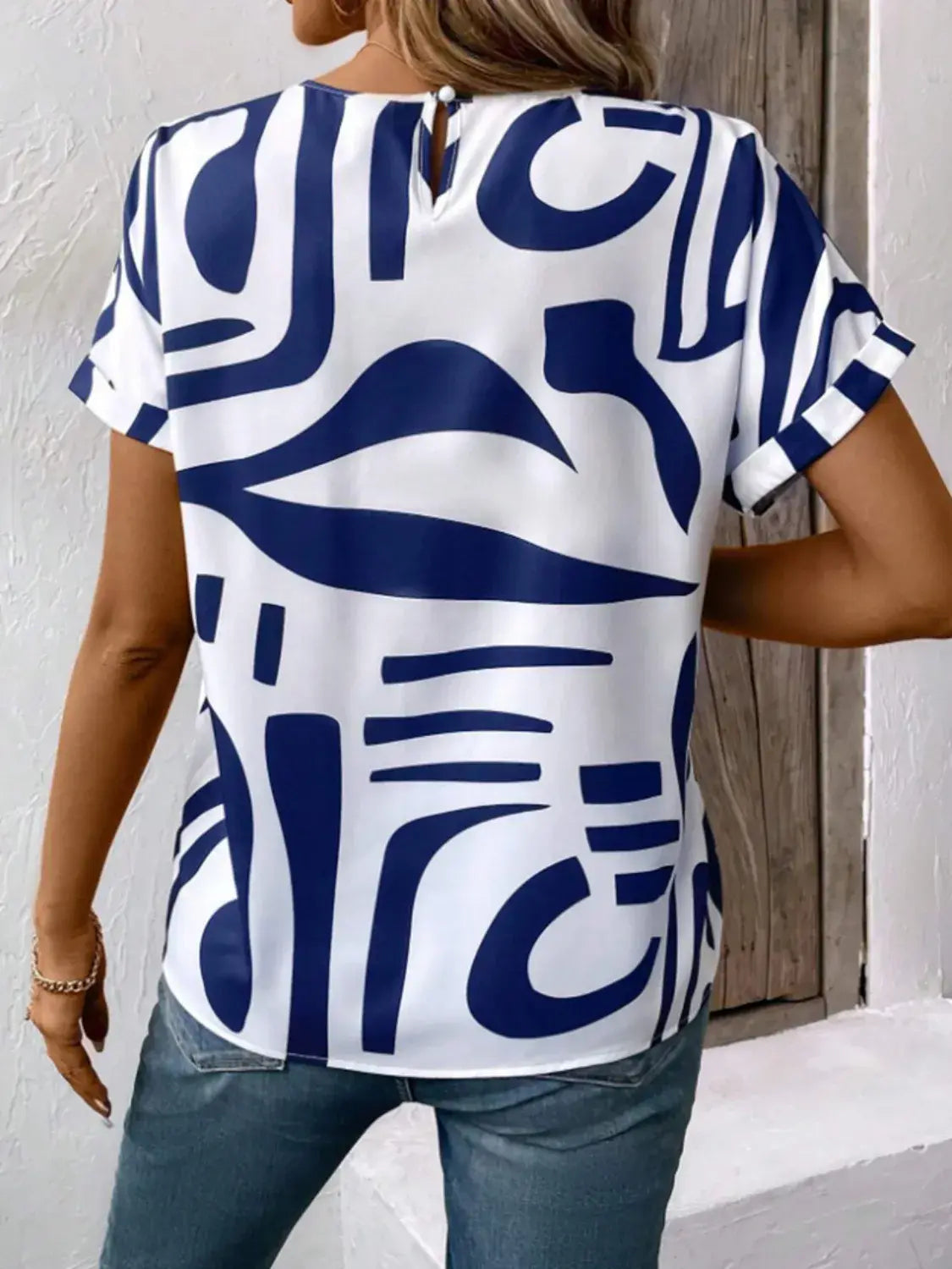 Contrast Round Neck Short Sleeve Blouse - Trendsi - Flyclothing LLC