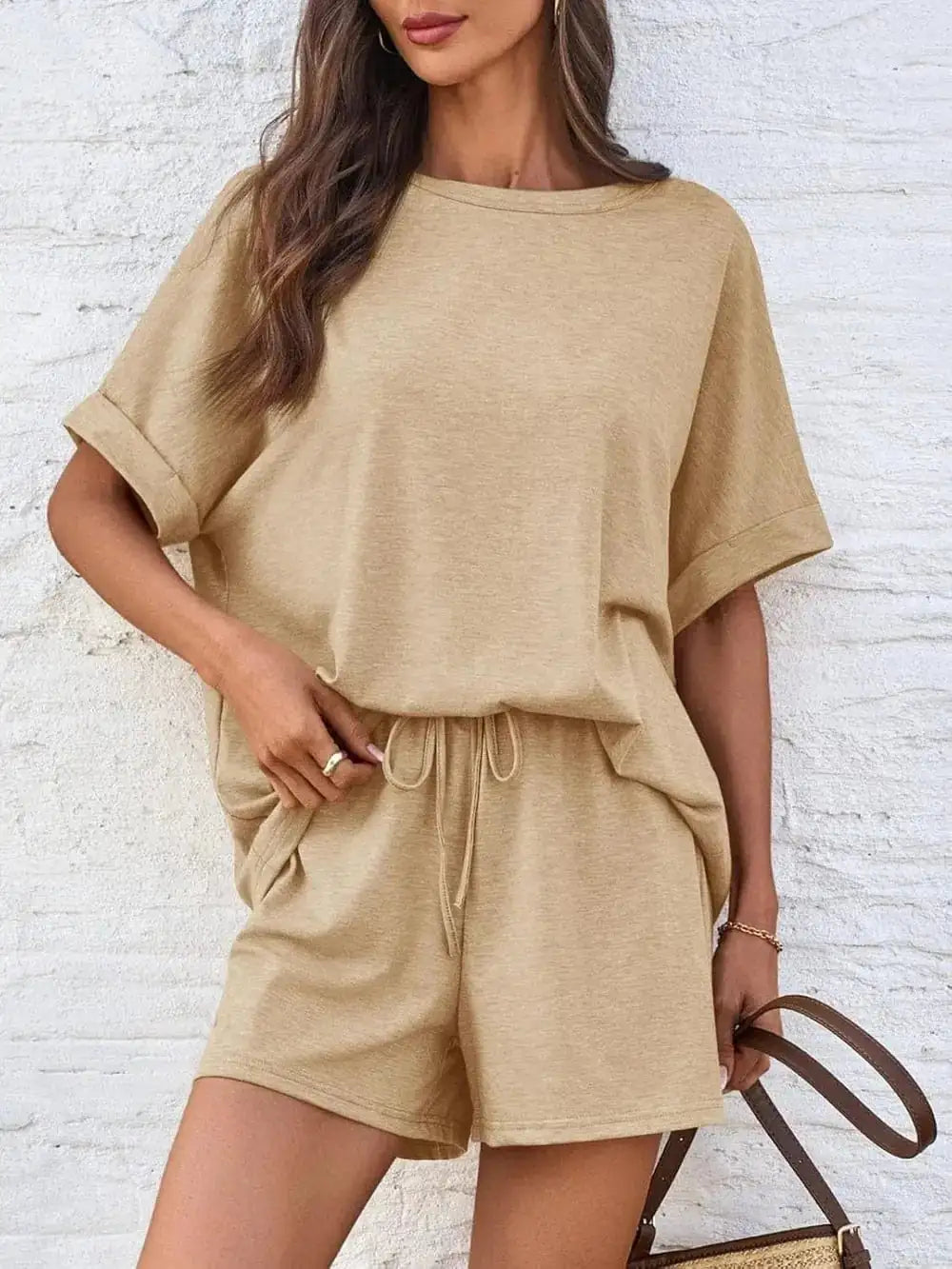 Round Neck T-Shirt and Drawstring Shorts Set - Trendsi