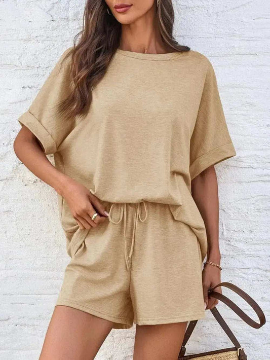 Round Neck T-Shirt and Drawstring Shorts Set - Trendsi - Flyclothing LLC
