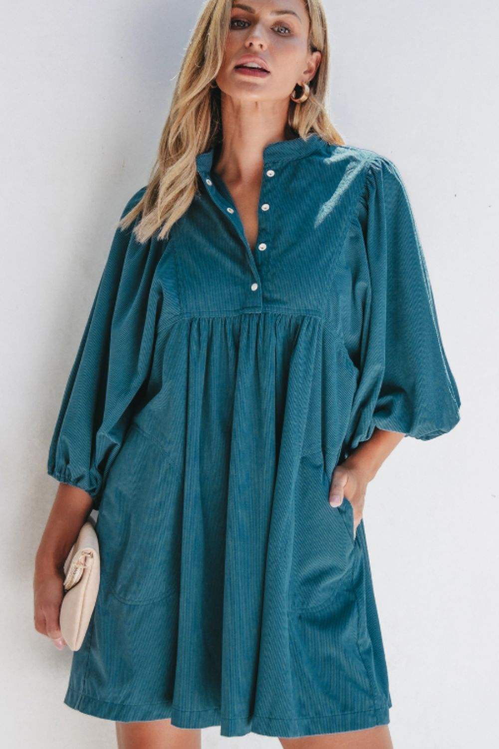 Corduroy Quarter Snap Three-Quarter Sleeve Dress - Trendsi - Flyclothing LLC
