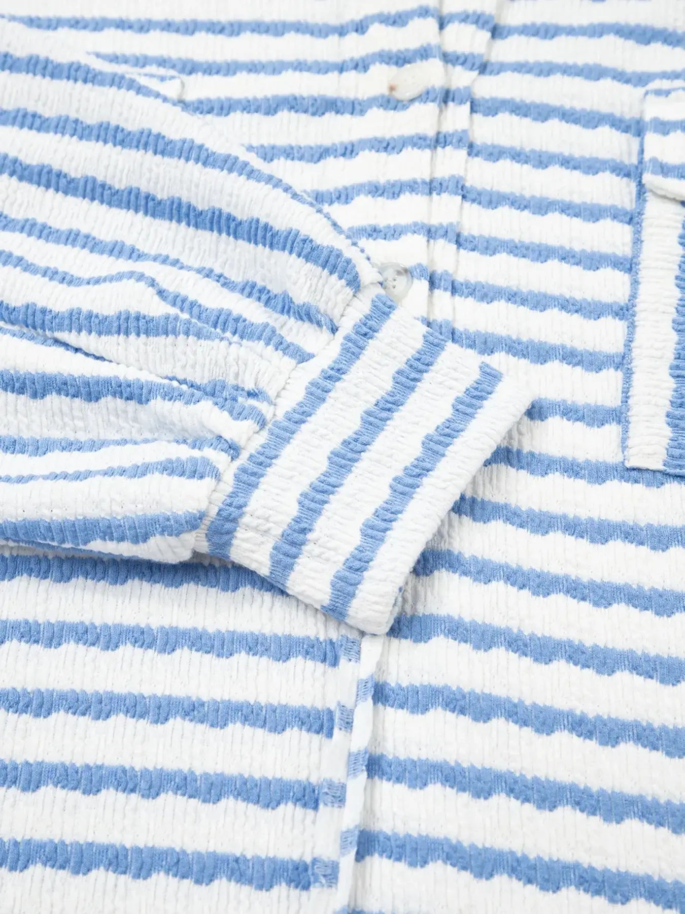 Stripe Half Button Collared Chest Pockets Loose Fit Blouse - Trendsi - Flyclothing LLC