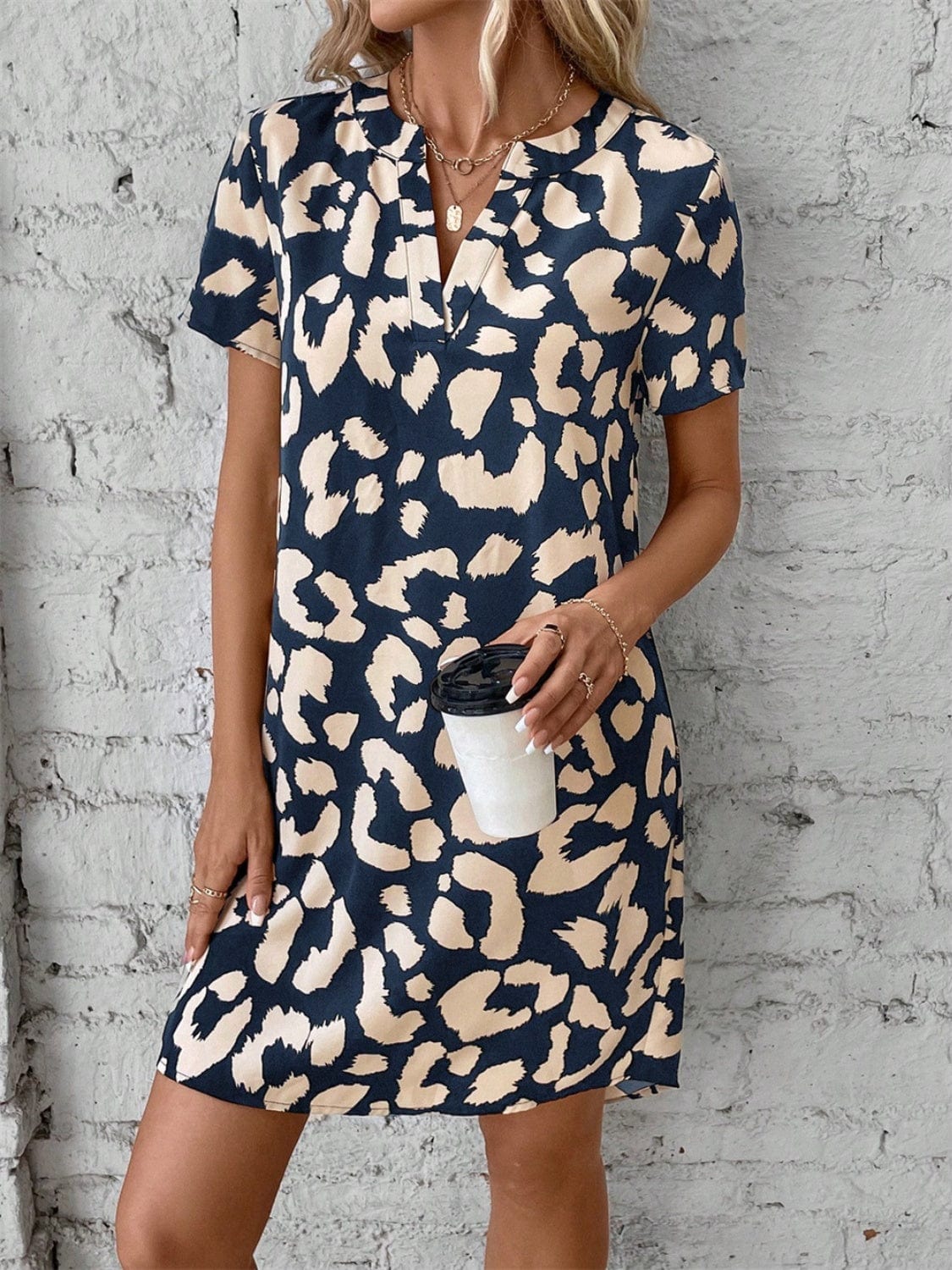 Printed Notched Short Sleeve Mini Dress - Trendsi