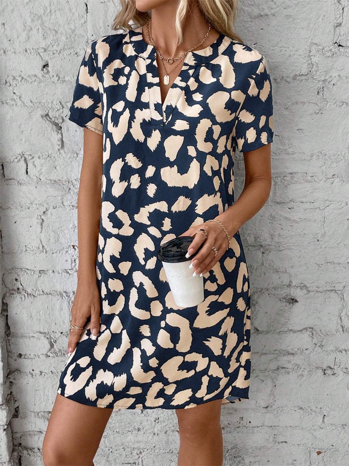 Printed Notched Short Sleeve Mini Dress - Trendsi - Flyclothing LLC