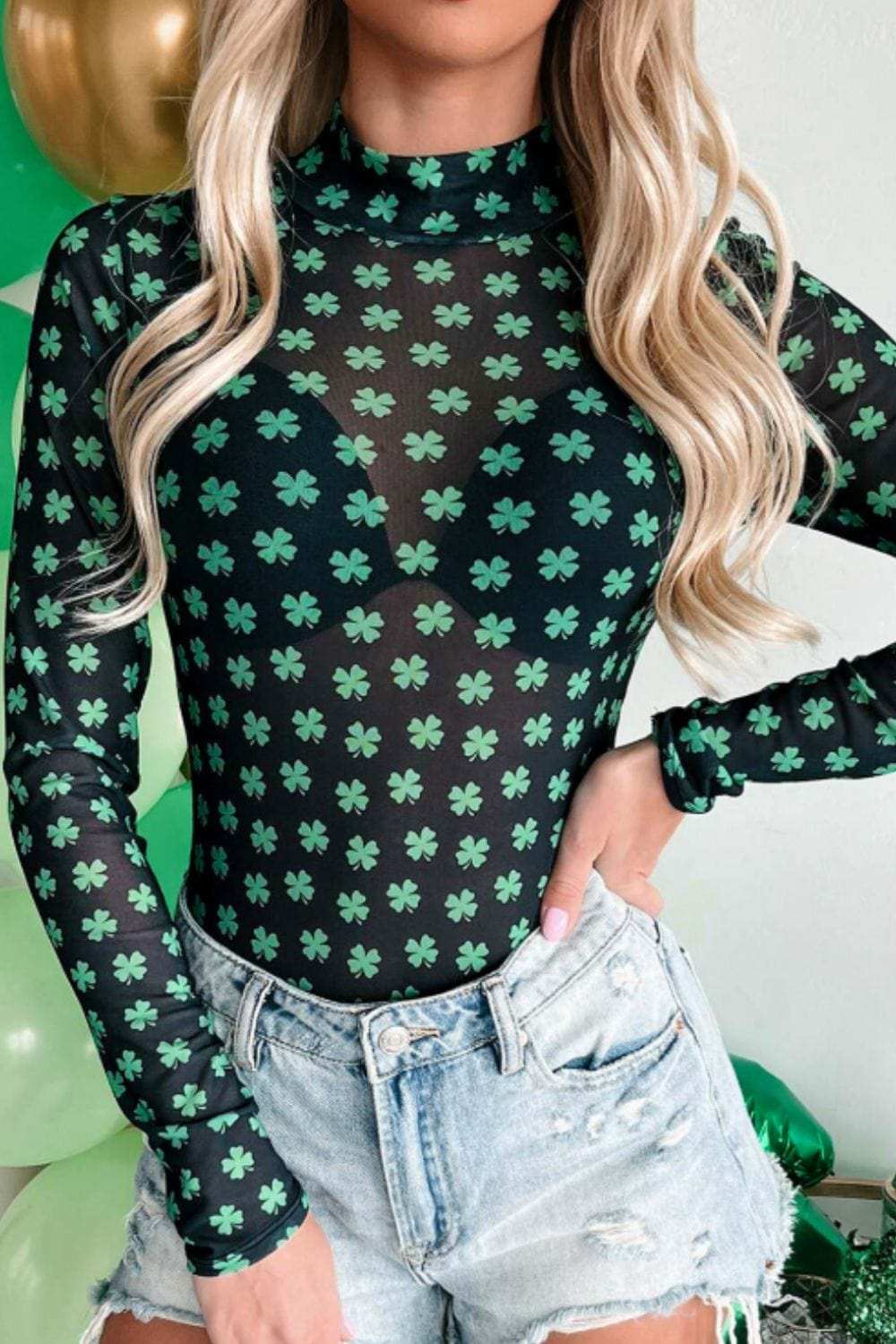 Lucky Clover Mock Neck Long Sleeve Bodysuit - Trendsi - Flyclothing LLC