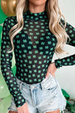 Lucky Clover Mock Neck Long Sleeve Bodysuit - Trendsi