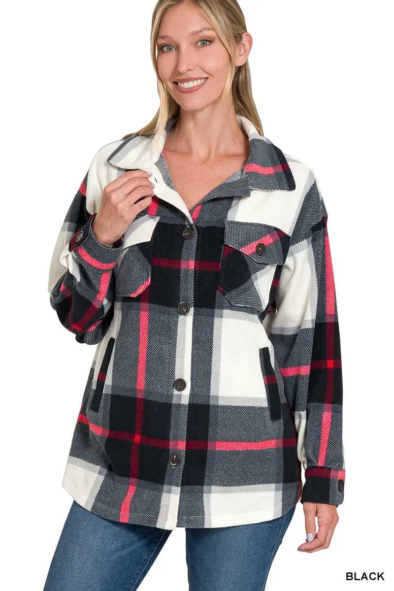 Zenana Oversized Plaid Fleece Shacket - Trendsi - Flyclothing LLC