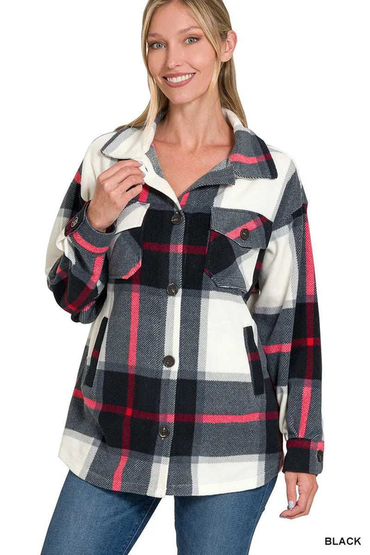 Zenana Oversized Plaid Fleece Shacket - Trendsi - Flyclothing LLC