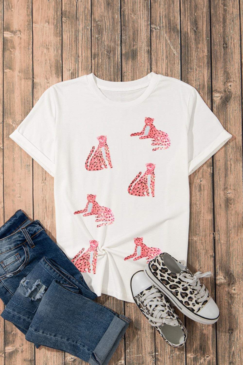Sequin Leopard Round Neck Short Sleeve T-Shirt - Trendsi - Flyclothing LLC