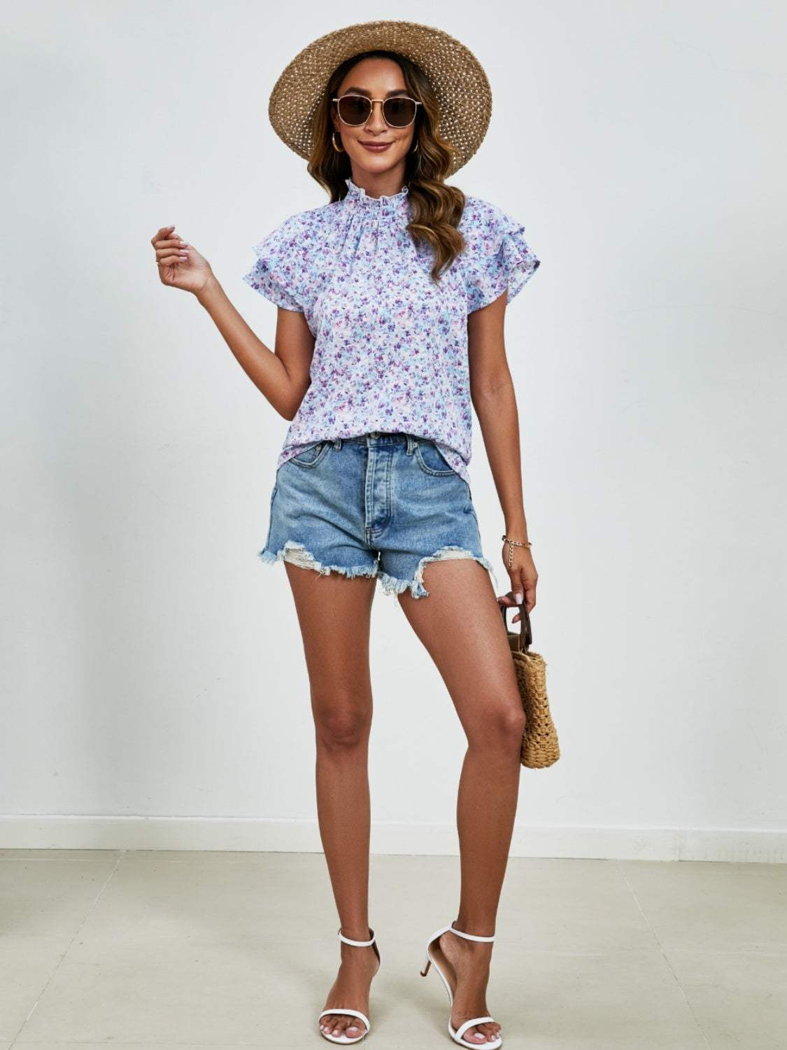 Ditsy Floral Mock Neck Flounce Sleeve Blouse - Trendsi - Flyclothing LLC