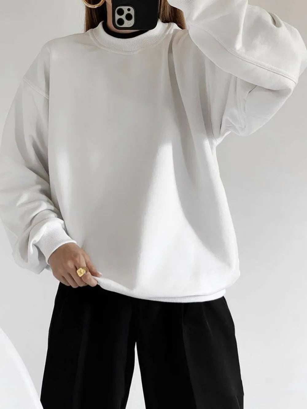 Round Neck Dropped Shoulder Long Sleeve Sweatshirt - Trendsi - Flyclothing LLC