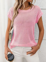 Openwork Round Neck Short Sleeve Knit Cover Up - Trendsi - Flyclothing LLC