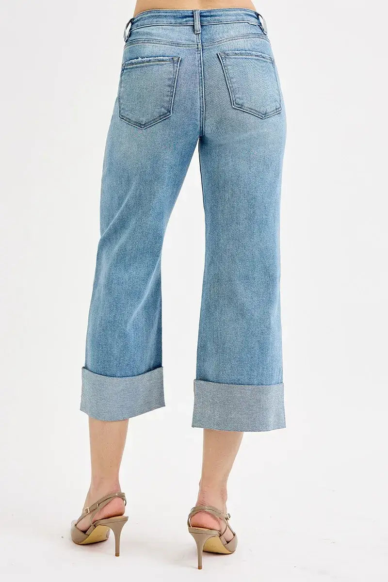 RISEN Full Size Tummy Control High Rise Ankle Wide Cuffed Jeans Plus Size - Trendsi - Flyclothing LLC
