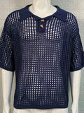 Men's Plus Size Openwork Collared Neck Quarter Button Knit Polo - Trendsi - Flyclothing LLC