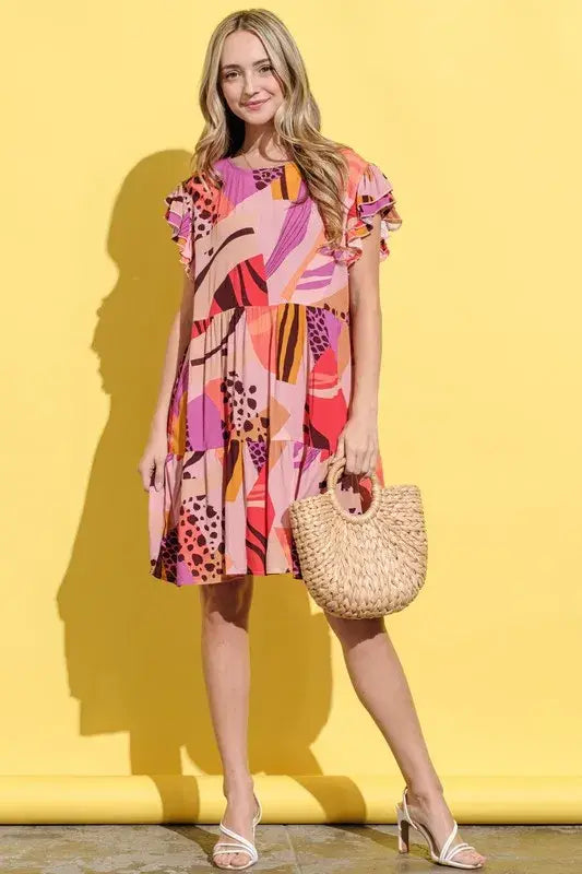 And The Why Printed Double Ruffles Sleeve Dress - Trendsi - Flyclothing LLC
