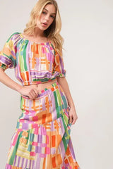 And The Why Puff Sleeve Elastic Edges Geo Printed Crop Top - Trendsi - Flyclothing LLC