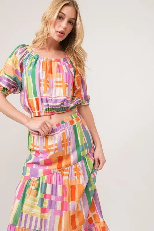 And The Why Puff Sleeve Elastic Edges Geo Printed Crop Top - Trendsi - Flyclothing LLC
