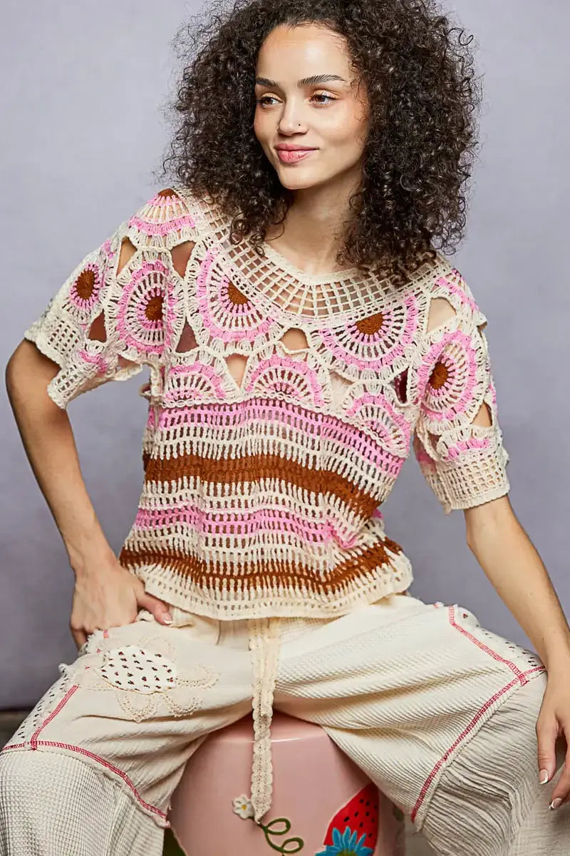 Weave Pattern Short Sleeve Crochet Top with Border Accents - Trendsi - Flyclothing LLC
