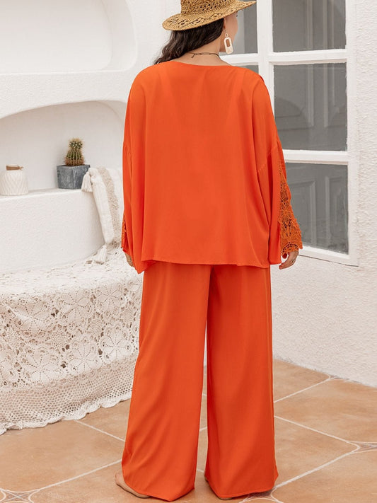 Plus Size Lace Detail Long Sleeve Top and Pants Set - Trendsi