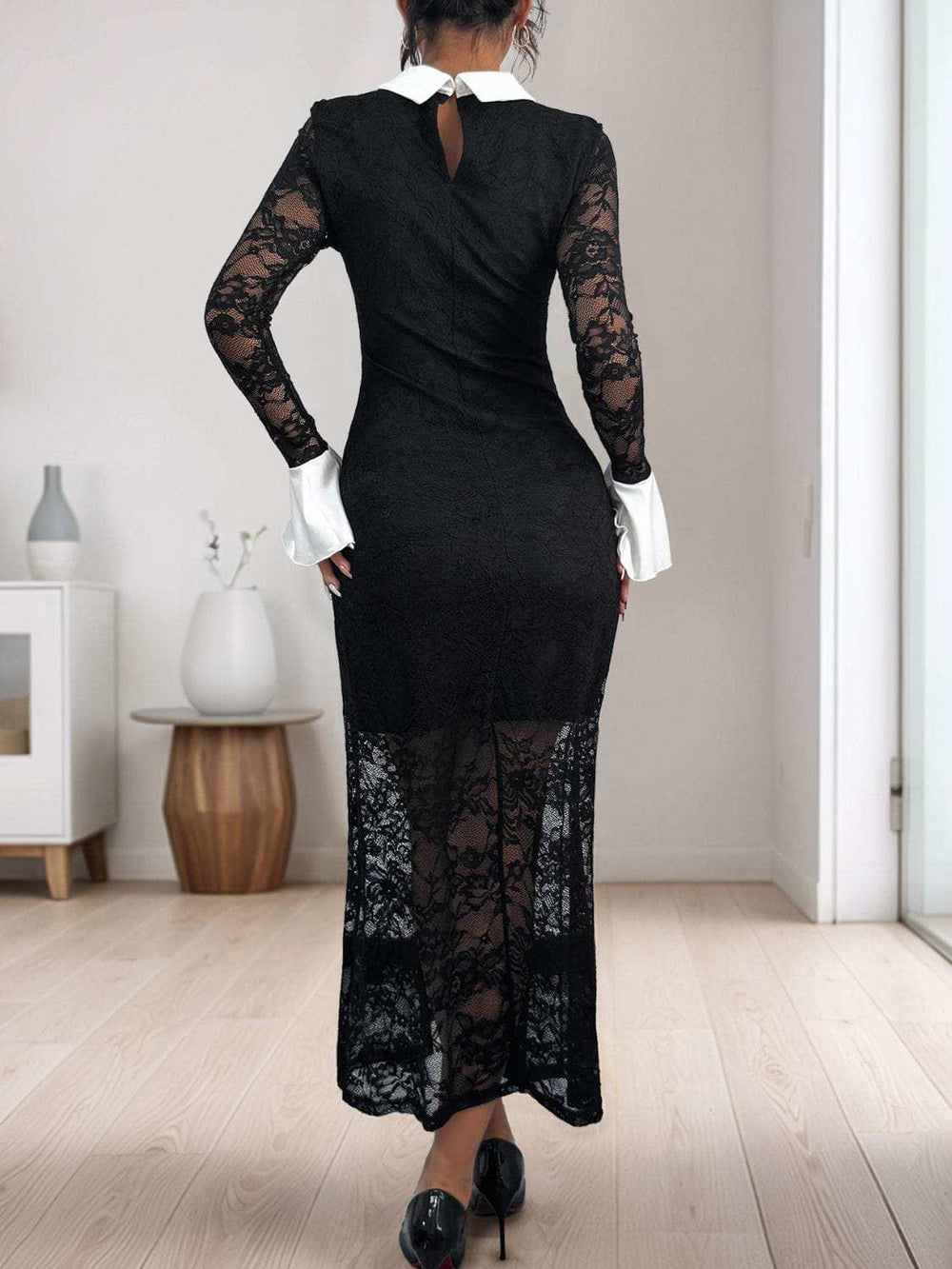 Perfee Lace Contrast Collared Neck Long Sleeve Midi Dress - Trendsi - Flyclothing LLC