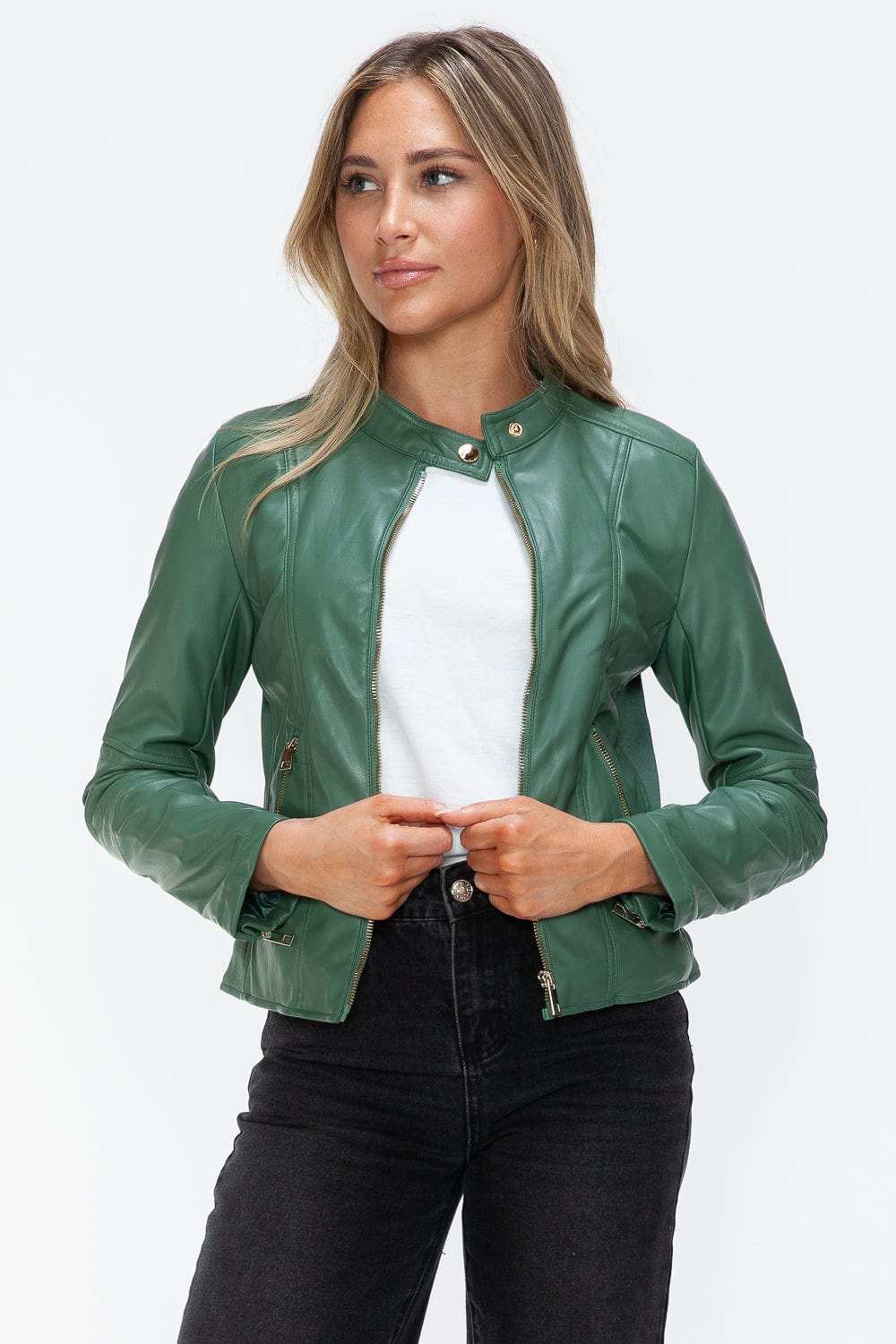 Snobbish Faux Leather Zip Up Drawstring Hooded Jacket - Trendsi - Flyclothing LLC