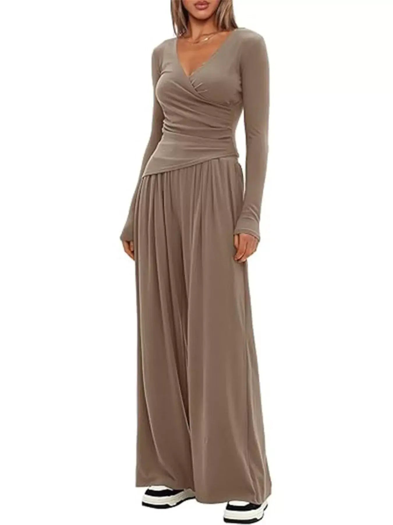 Casual Long Sleeve Top and Wide Leg Pants Set - Trendsi - Flyclothing LLC