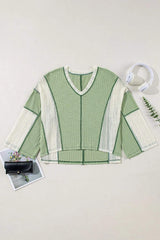 Lace Detail Contrast V-Neck Long Sleeve Blouse - Trendsi - Flyclothing LLC