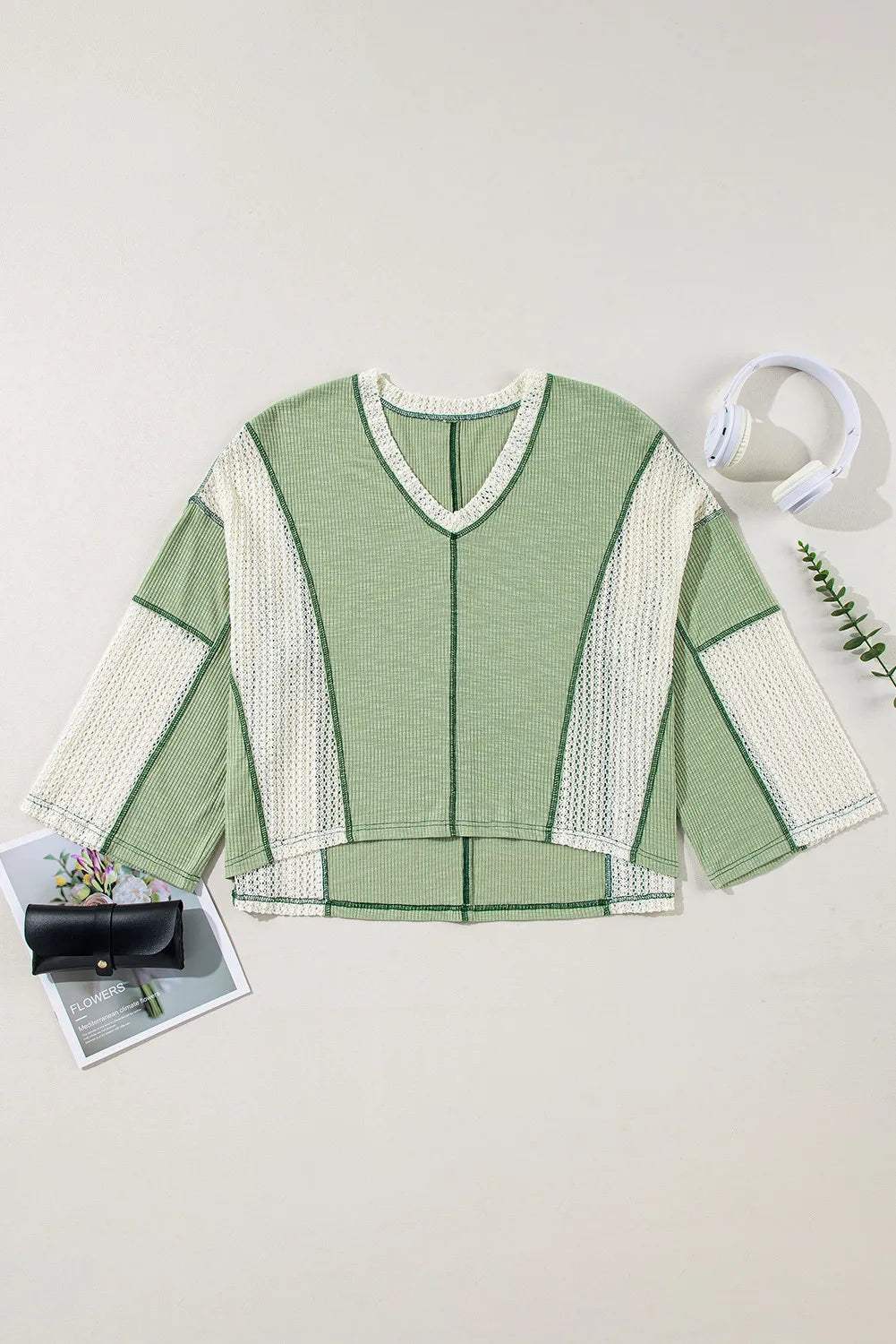 Lace Detail Contrast V-Neck Long Sleeve Blouse - Trendsi - Flyclothing LLC