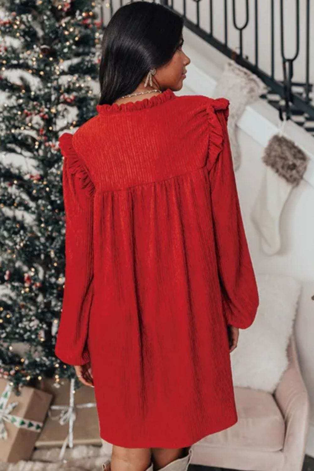 Frill Notched Long Sleeve Dress - Trendsi - Flyclothing LLC