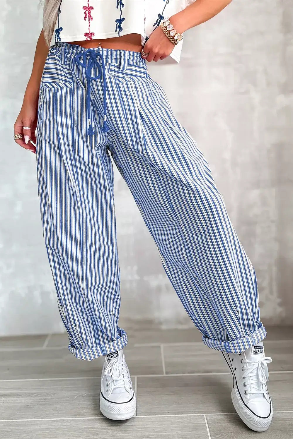 Stripe Drawstring Casual Loose Pants - Trendsi - Flyclothing LLC