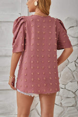 Swiss Dot Round Neck Short Sleeve Blouse - Trendsi - Flyclothing LLC