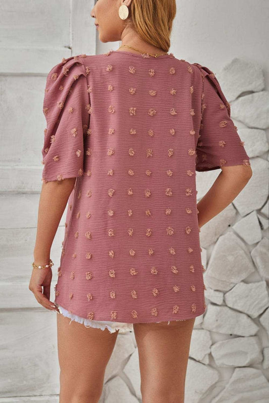 Swiss Dot Round Neck Short Sleeve Blouse - Trendsi - Flyclothing LLC