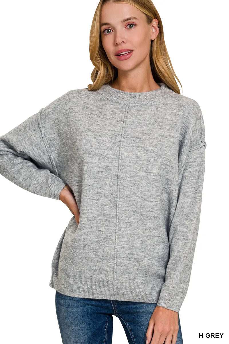 Zenana Melange Front Seam Round-Neck Sweater - Trendsi - Flyclothing LLC