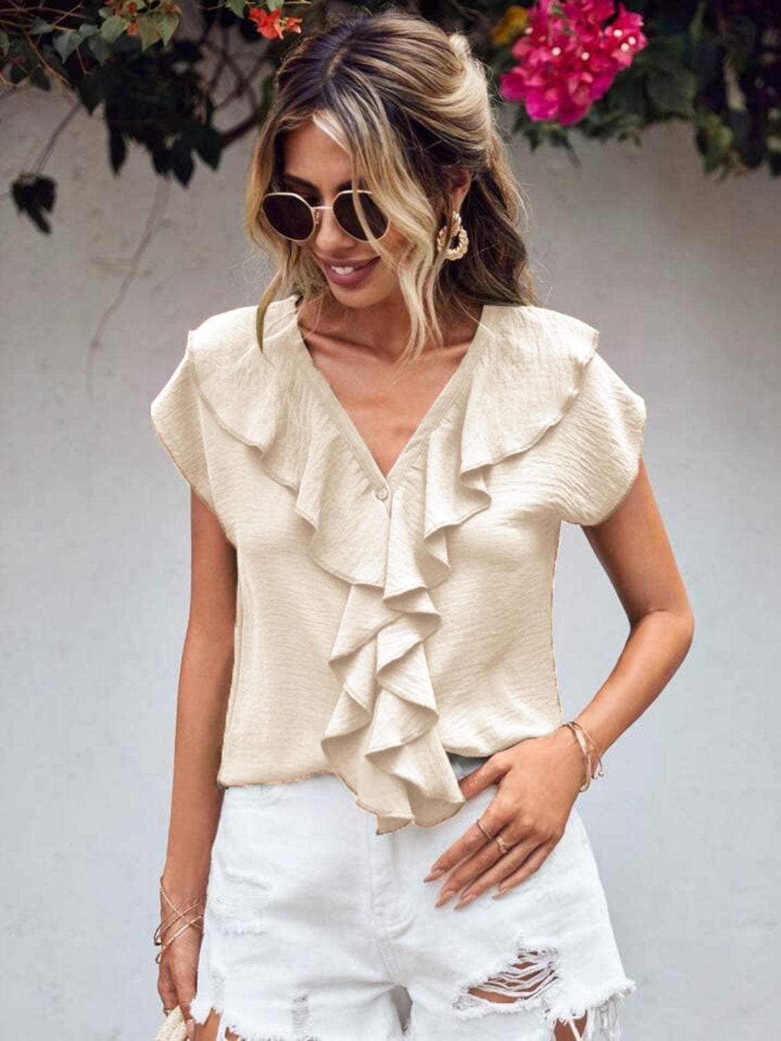 Ruffled V-Neck Short Sleeve Blouse - Trendsi - Flyclothing LLC